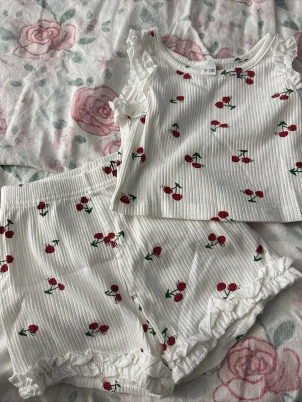 SHEIN White Ribbed Cherry-Print Pajama Set